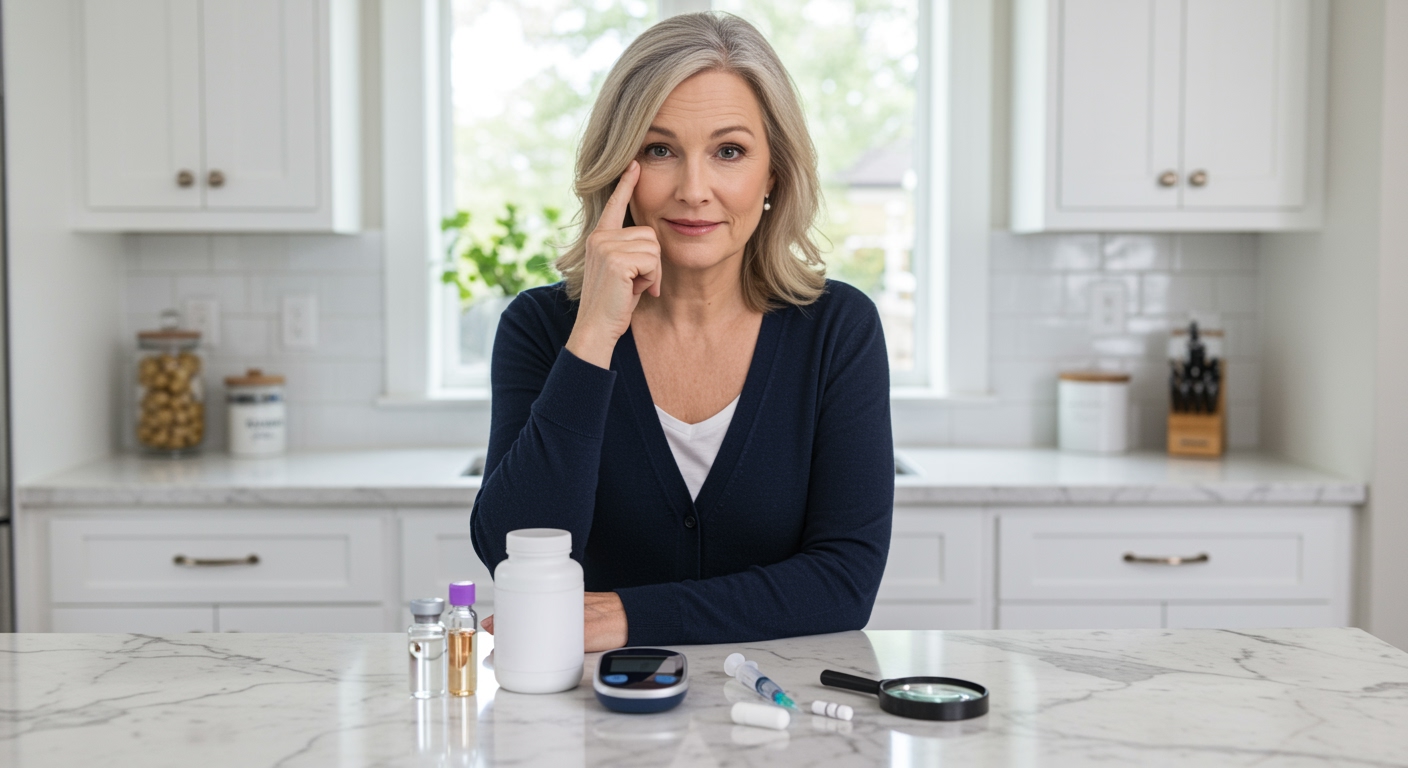 Woman touching eye corners while standing behind marble counter with medical testing equipment in modern kitchen