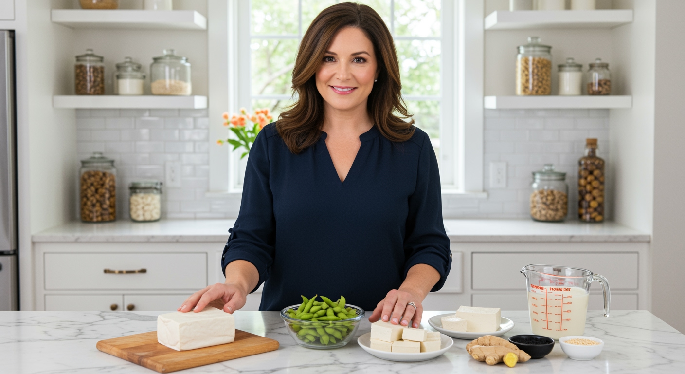 Woman standing behind marble counter with tofu, edamame, soy milk and other soy products in bright modern kitchen