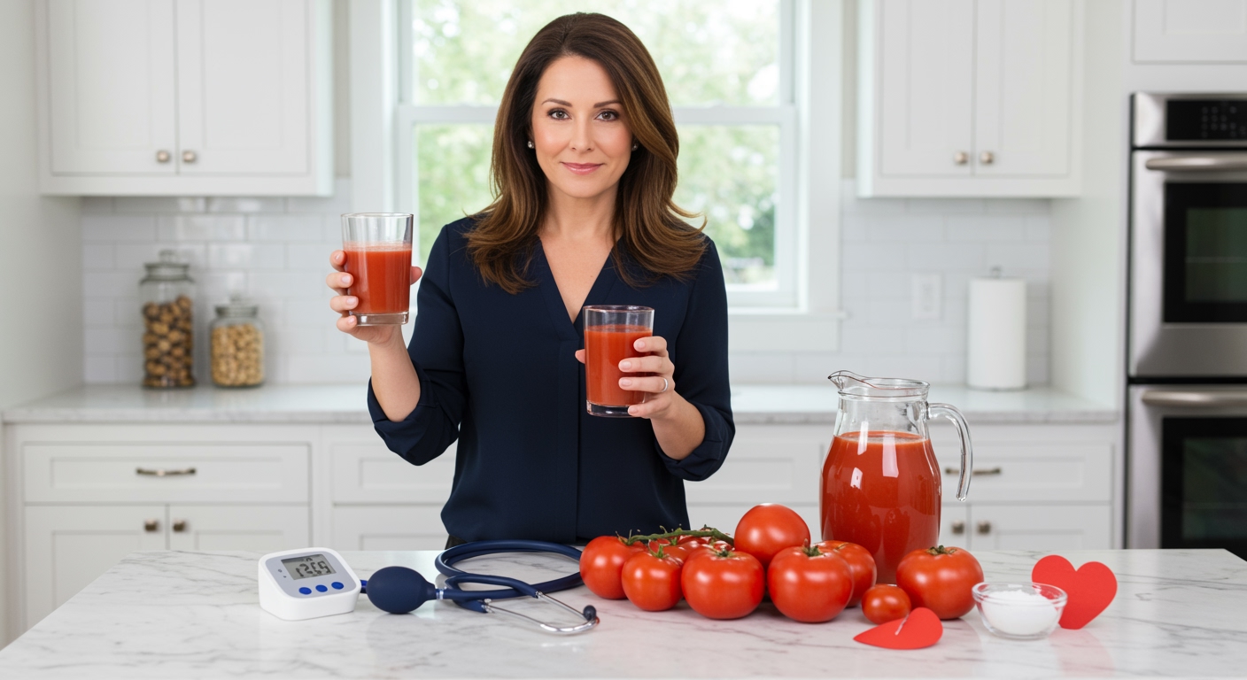Woman holding tomato juice glass with blood pressure monitor and fresh tomatoes on marble counter in modern kitchen