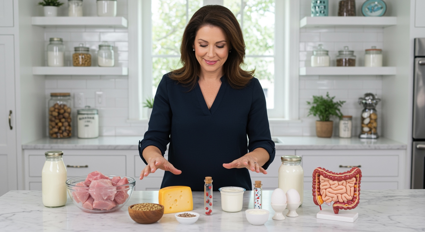Woman arranging tryptophan-rich foods and gut health items on white marble countertop in modern kitchen setting