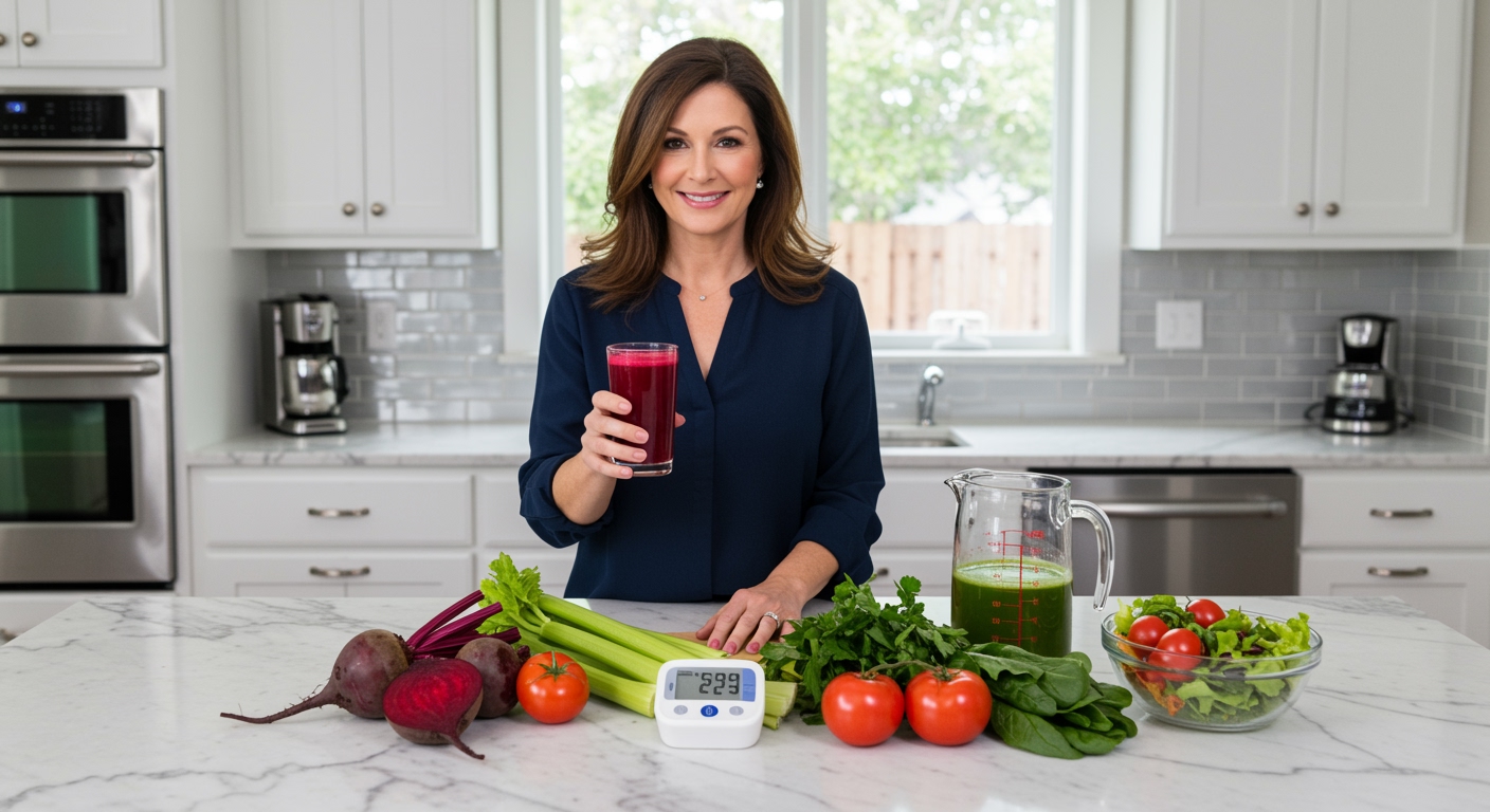 Woman holding beetroot juice behind marble counter with blood pressure monitor and fresh vegetables in modern kitchen
