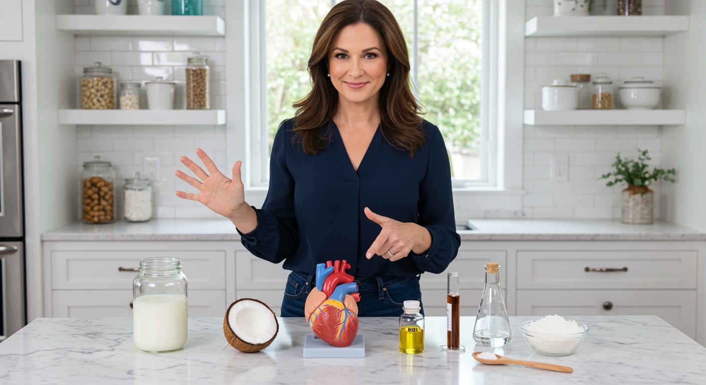 Woman standing behind marble counter with coconut oil jar, fresh coconut, heart model, and cholesterol bottles in bright kitchen