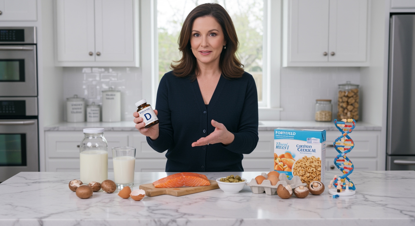 Woman holding vitamin D supplement behind marble counter with milk, salmon, eggs, and DNA model in modern kitchen