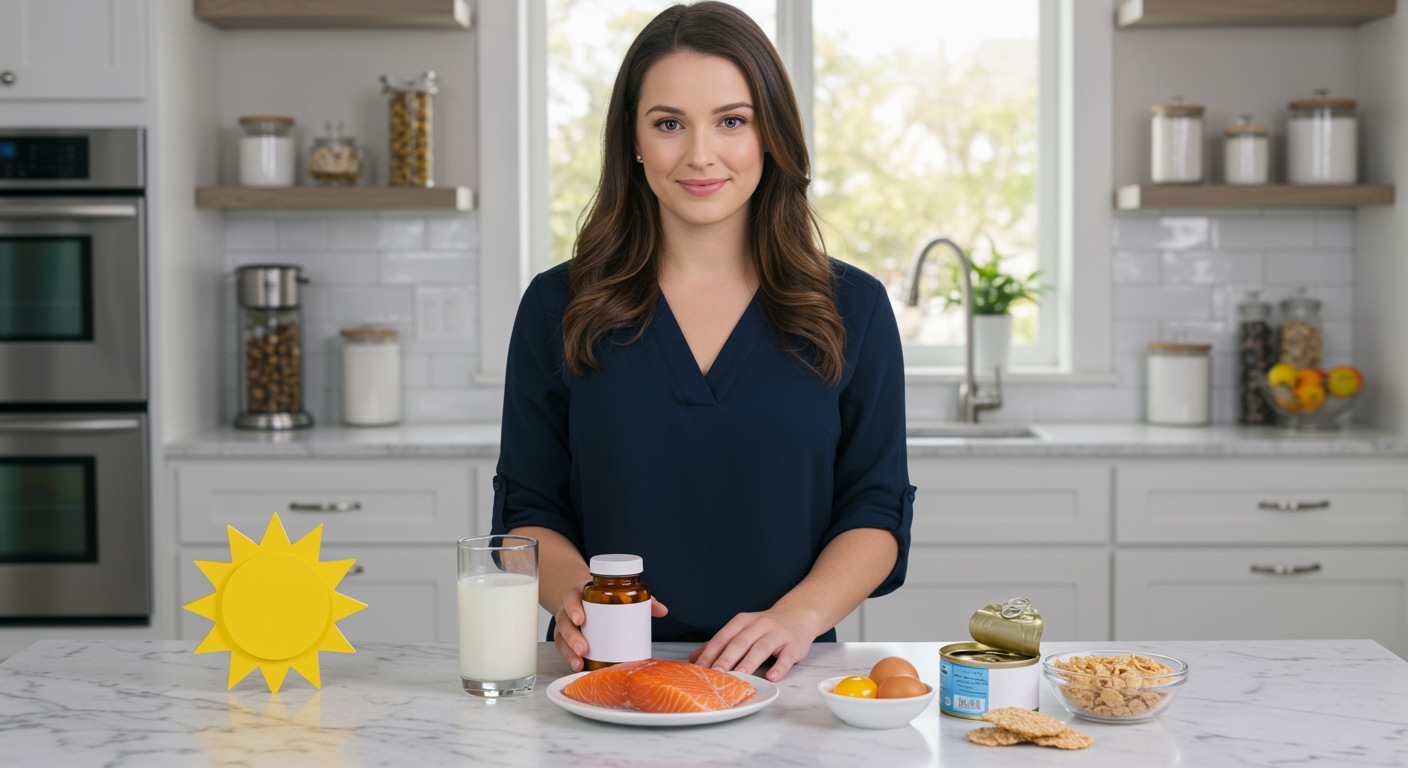 Woman standing behind marble countertop with vitamin D rich foods including salmon, eggs, milk, and supplements in modern kitchen