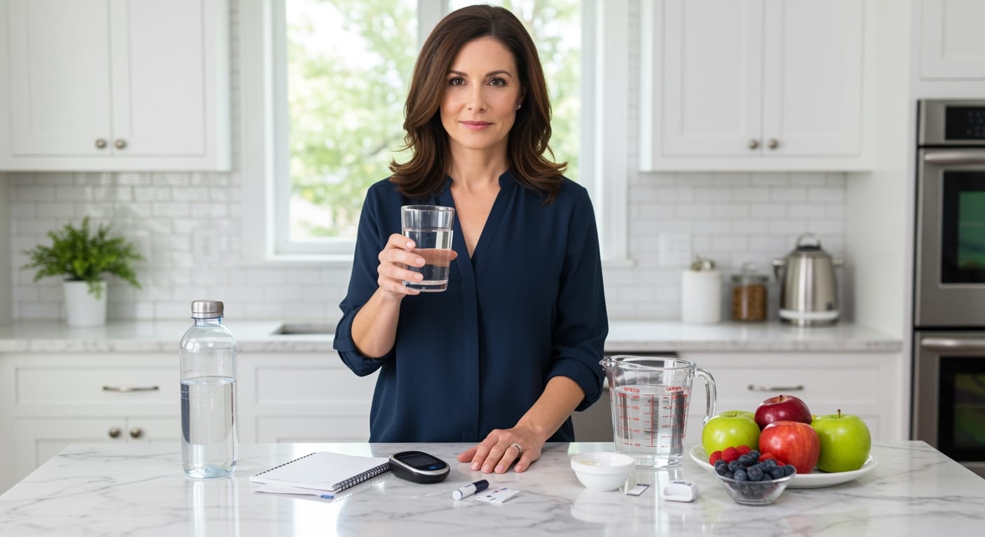 Woman holding glass of water standing behind marble counter with glucose meter, test strips, and fruits in modern kitchen
