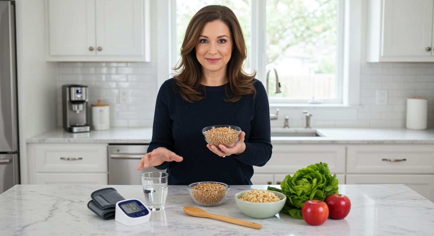 Woman holding wheat berries behind marble counter with blood pressure monitor and healthy foods in bright kitchen