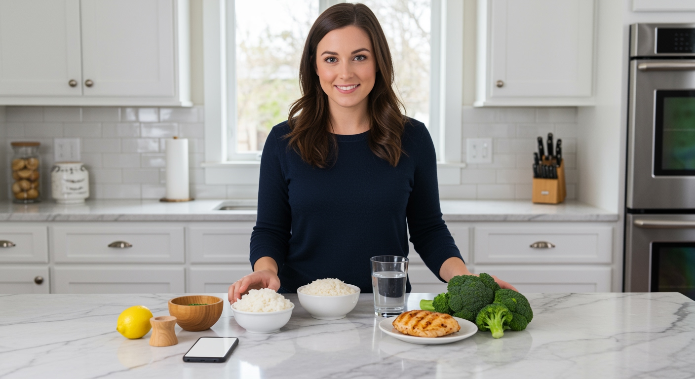 Woman standing behind marble counter with white rice bowl, brown rice, chicken, broccoli and measuring tools in bright kitchen