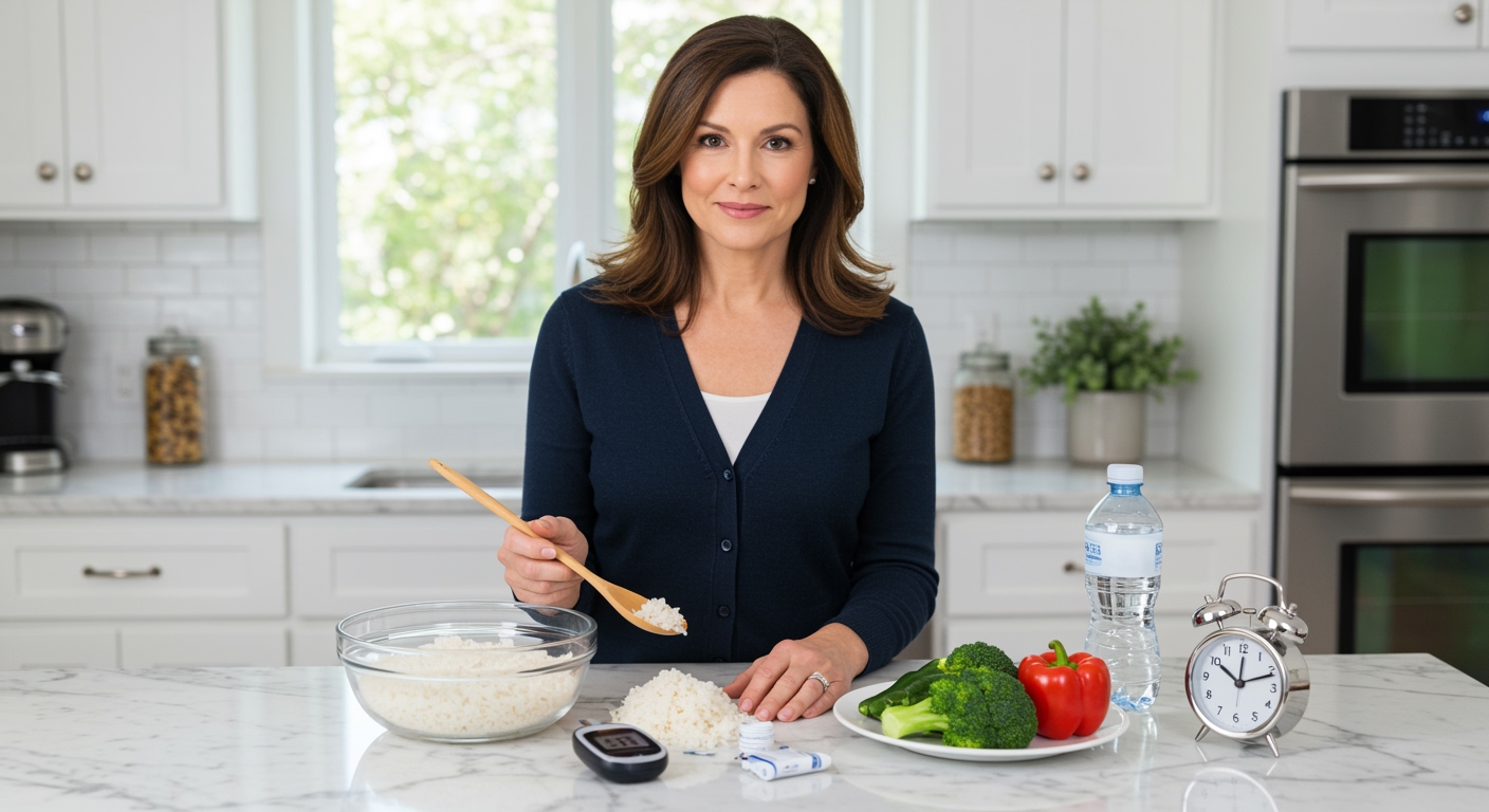 Middle-aged woman standing behind marble counter with white rice, glucose meter, vegetables, and diabetes management tools