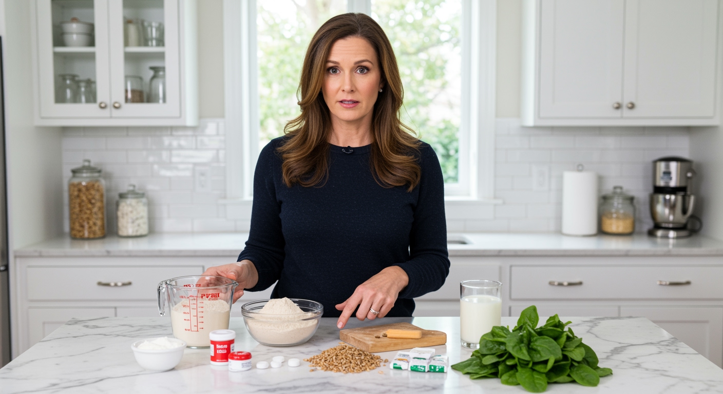 Woman holding measuring cup of whole wheat flour pointing to mineral supplements and healthy foods on marble countertop