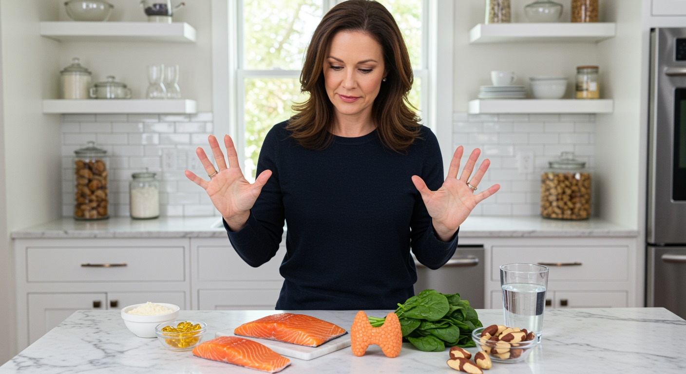 Woman pointing to wild salmon fillet on marble counter with thyroid model, supplements, and healthy foods in modern kitchen