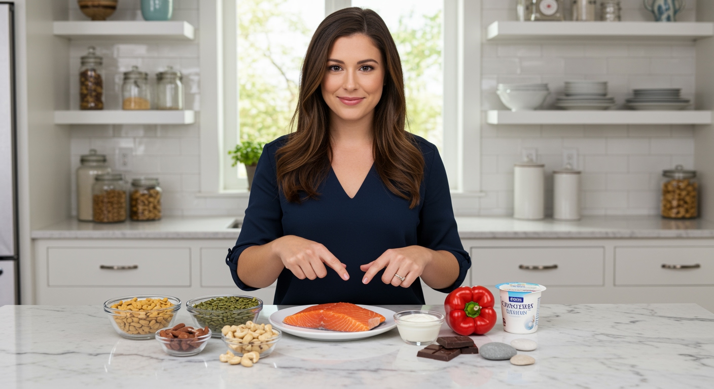 Woman pointing to zinc-rich foods including pumpkin seeds, salmon, and nuts arranged on white marble countertop in modern kitchen