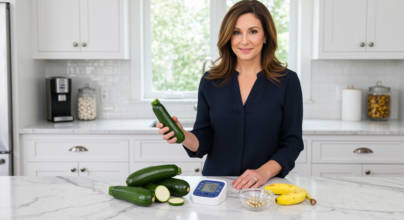 Middle-aged woman holding fresh zucchini behind marble counter with blood pressure monitor and healthy foods in modern kitchen