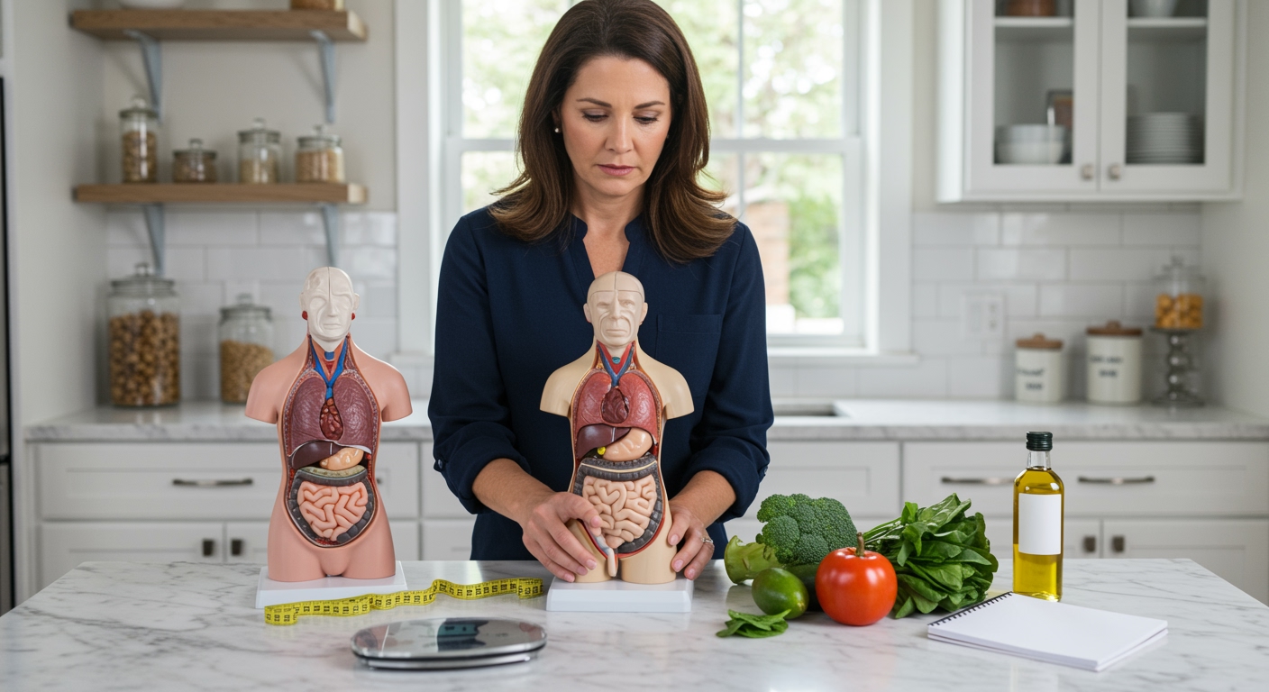 Woman touching clear torso model on marble counter with measuring tape, scale, and vegetables in bright modern kitchen