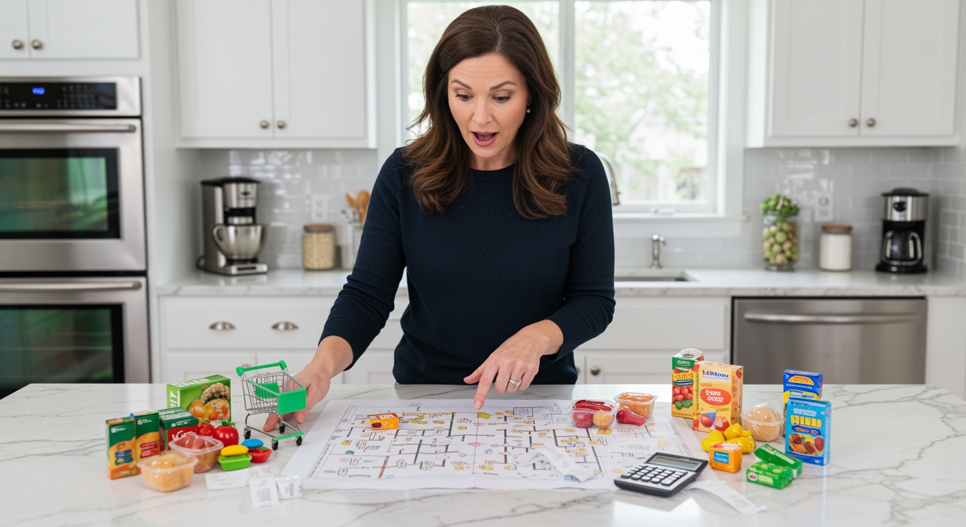 Woman pointing at grocery store floor plan on marble countertop with shopping items and receipts in modern kitchen
