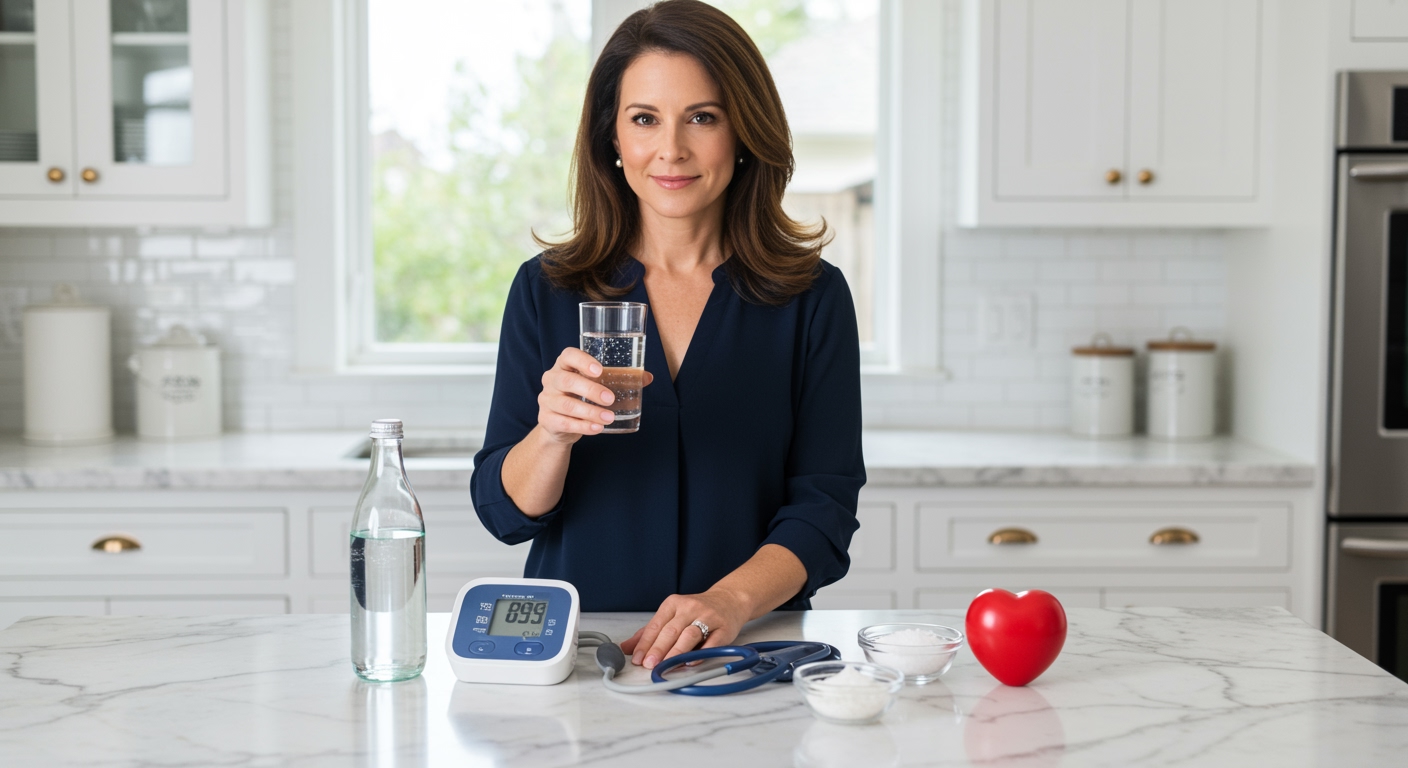 Woman holding sparkling water glass standing behind marble counter with blood pressure monitor and health items in kitchen