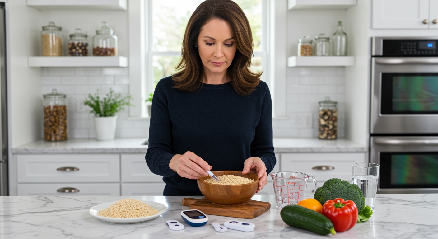 Woman holding glucose meter examining brown rice bowl on marble counter with diabetes testing supplies and food items
