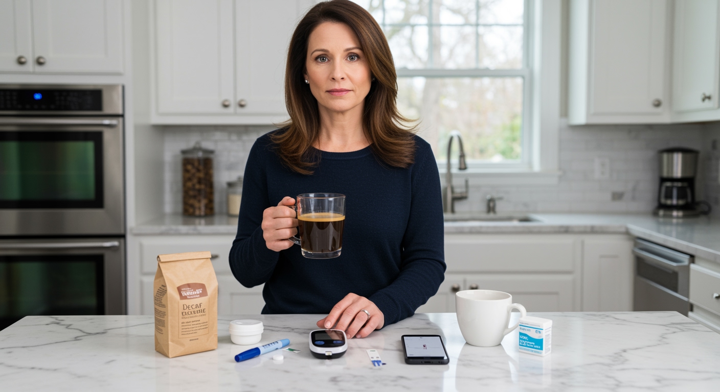 Middle-aged woman holding coffee mug and standing behind marble counter with blood glucose meter and diabetes supplies visible