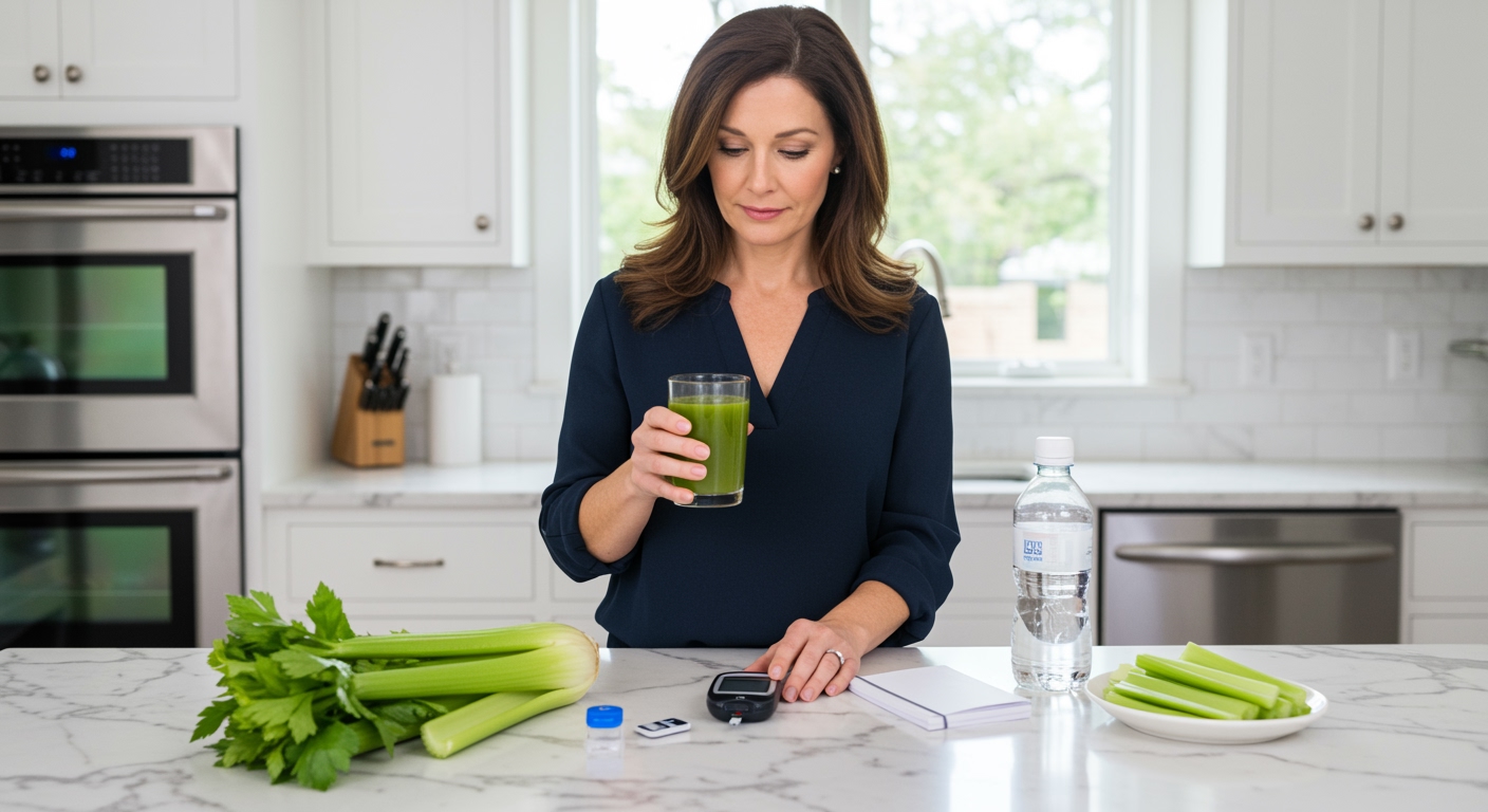 Woman holding celery juice glass while checking blood glucose meter on marble counter with celery stalks and diabetes supplies