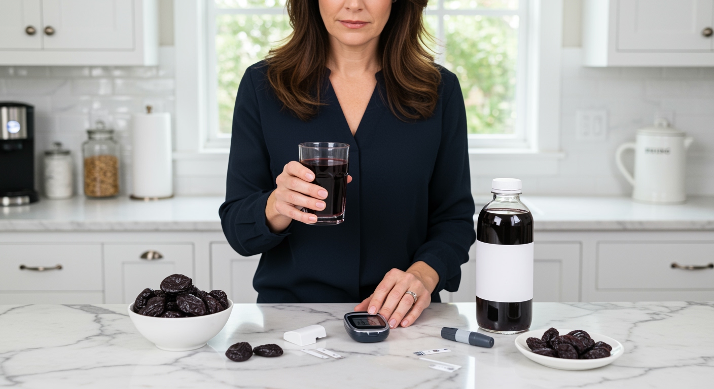 Middle-aged woman holding prune juice glass while checking blood glucose meter on kitchen counter with diabetes testing supplies