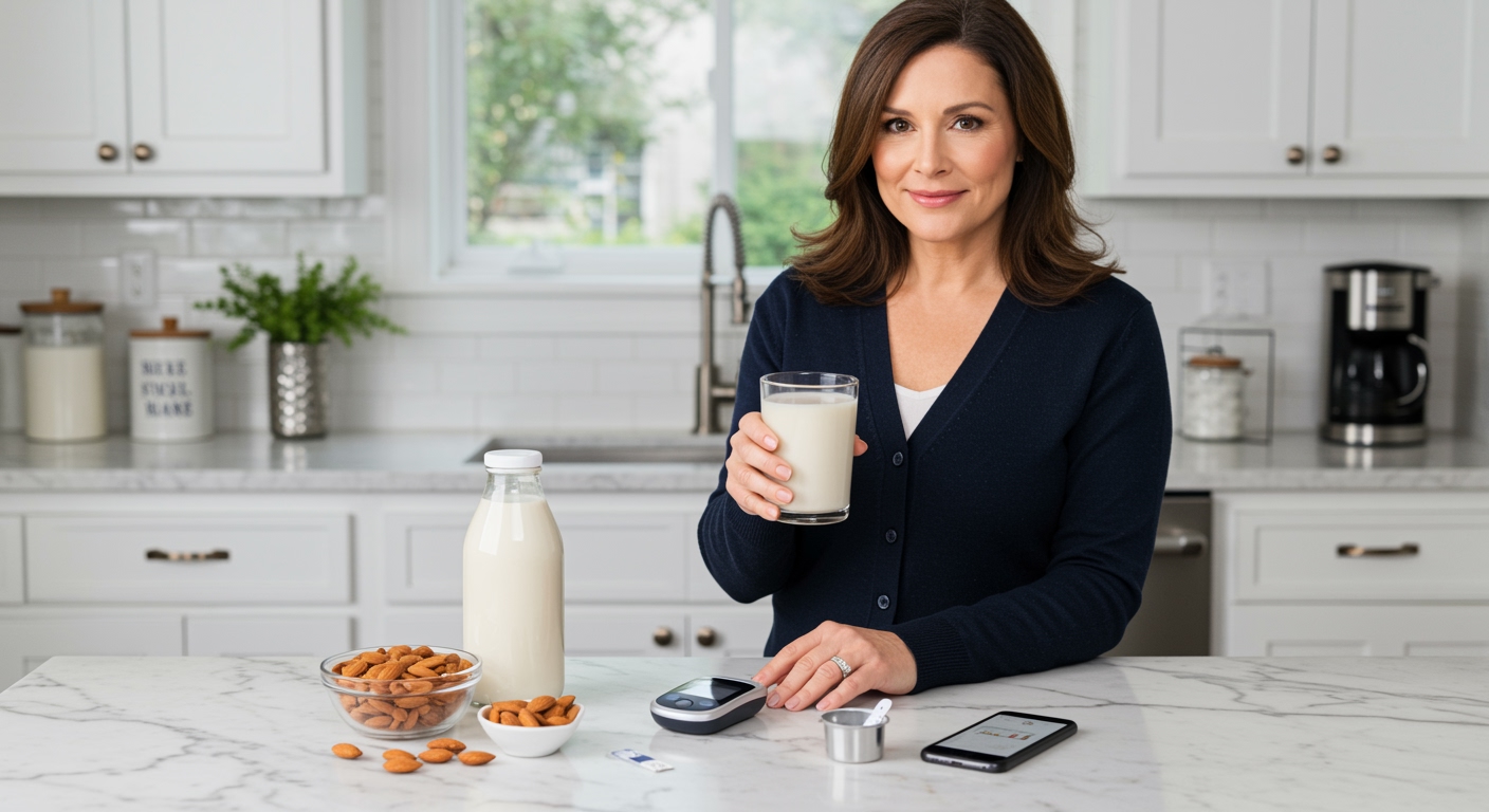 Woman holding glass of almond milk behind marble counter with blood glucose meter, almonds, and health monitoring tools visible