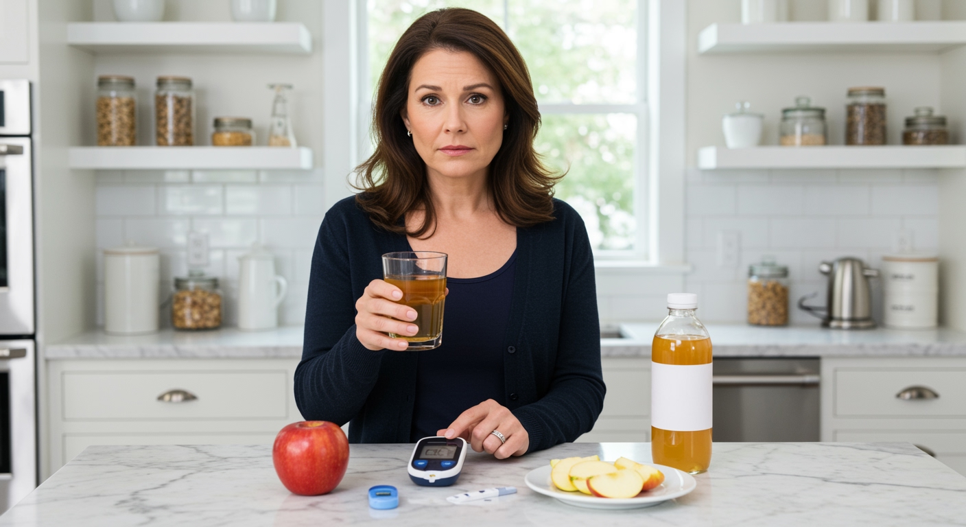 Middle-aged woman holding apple juice glass and blood glucose meter on marble countertop with fresh apples and testing supplies