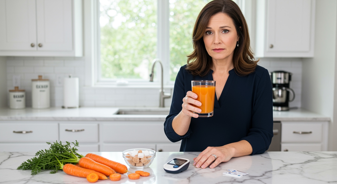 Woman holding carrot juice glass with glucose meter and fresh carrots on marble countertop in modern kitchen setting