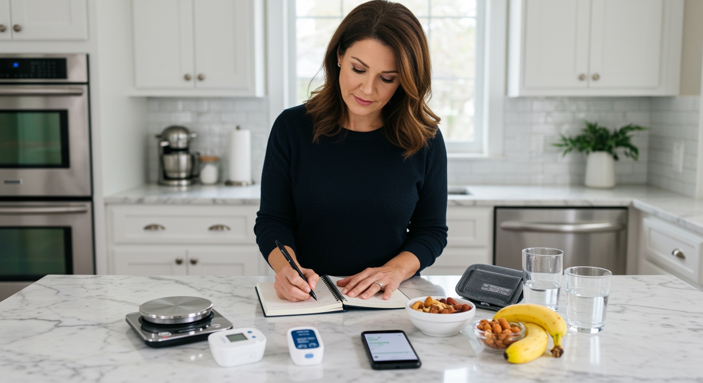 Middle-aged woman writing in food diary while standing at kitchen counter with food scale and blood pressure monitor nearby