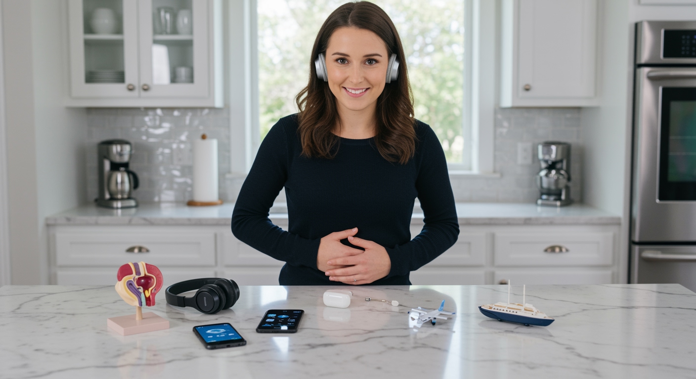 Woman holding headphones while touching stomach, with smartphone and travel-related items on marble countertop in modern kitchen