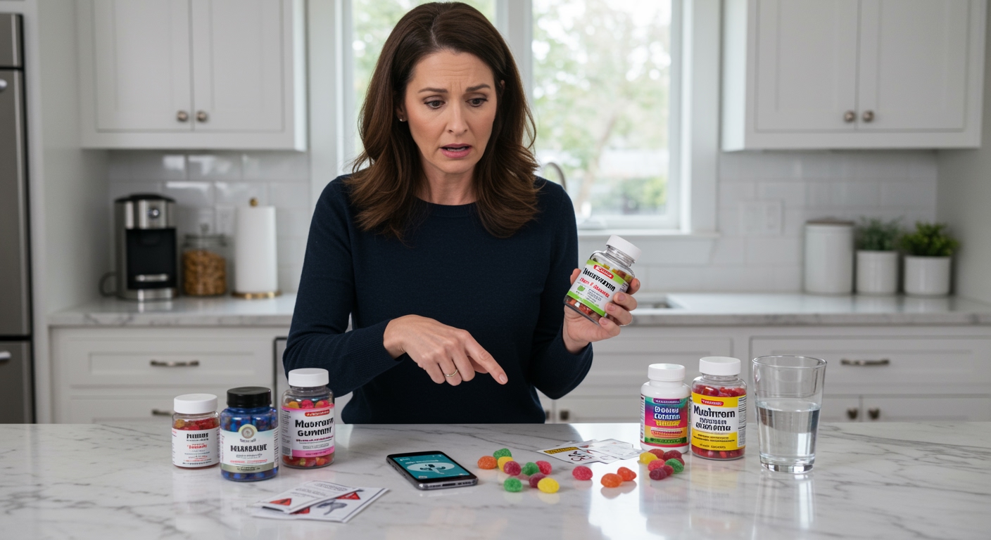 Woman holding mushroom gummy bottle pointing at warning labels with supplements scattered on marble countertop