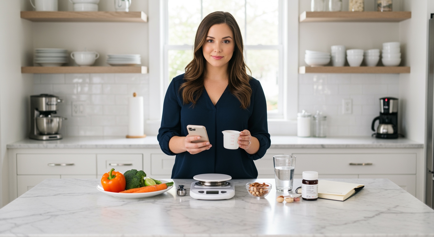 Woman holding smartphone and measuring cup standing behind marble countertop with food scale, vegetables, and nutrition tools