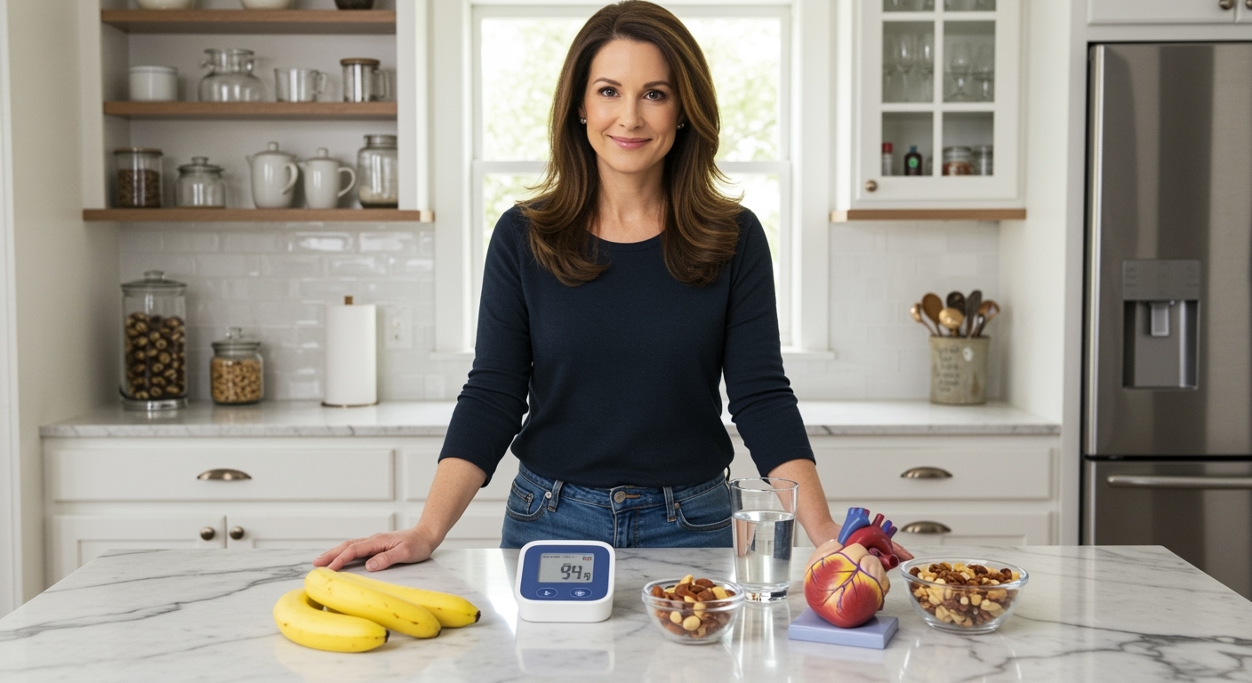Middle-aged woman standing behind marble countertop with bananas, blood pressure monitor, and heart model in bright kitchen