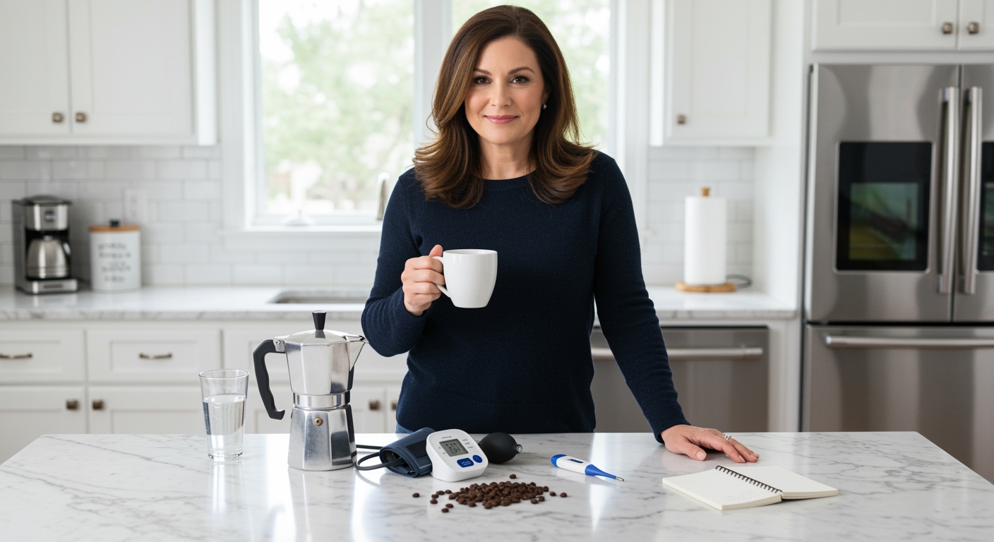 Woman holding coffee mug standing behind marble counter with blood pressure monitor and coffee-related items in bright kitchen