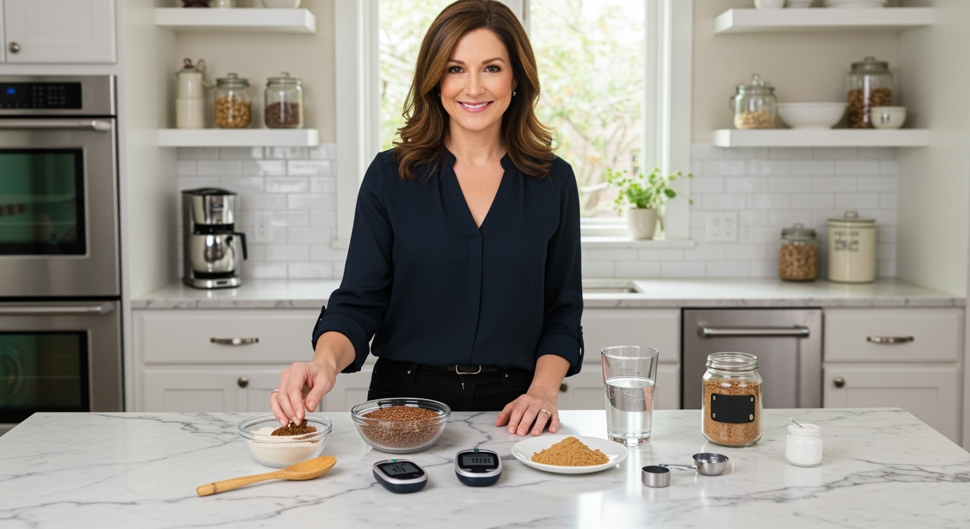Middle-aged woman standing behind marble countertop with flax seeds, ground powder, glucose meter, and water glass in bright kitchen