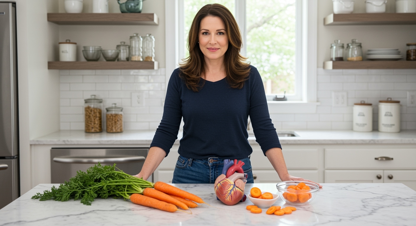 Middle-aged woman standing behind white marble counter with fresh whole carrots, carrot halves, bowl of carrot slices, and heart model