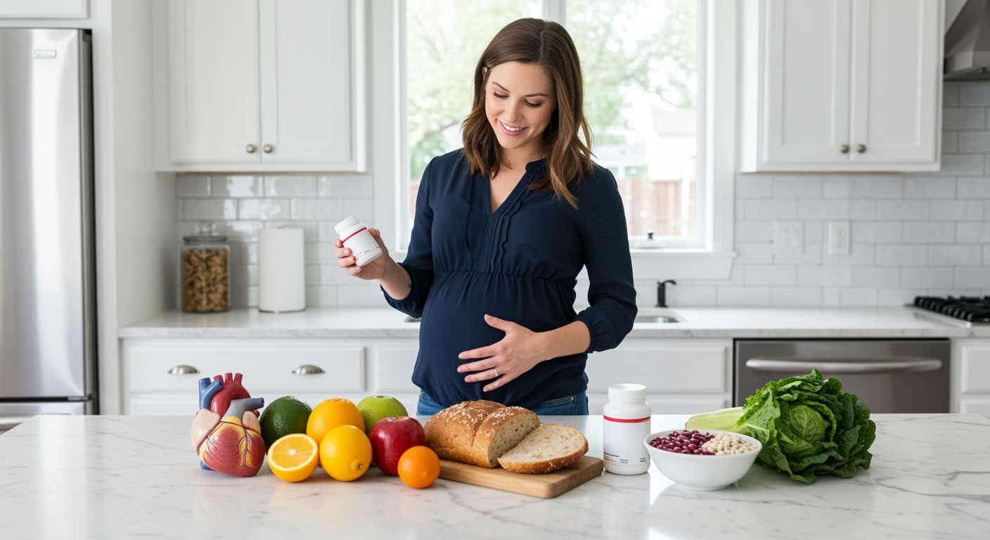 Pregnant woman holding supplement bottle with protective hand on abdomen, standing behind marble counter with heart model and foods