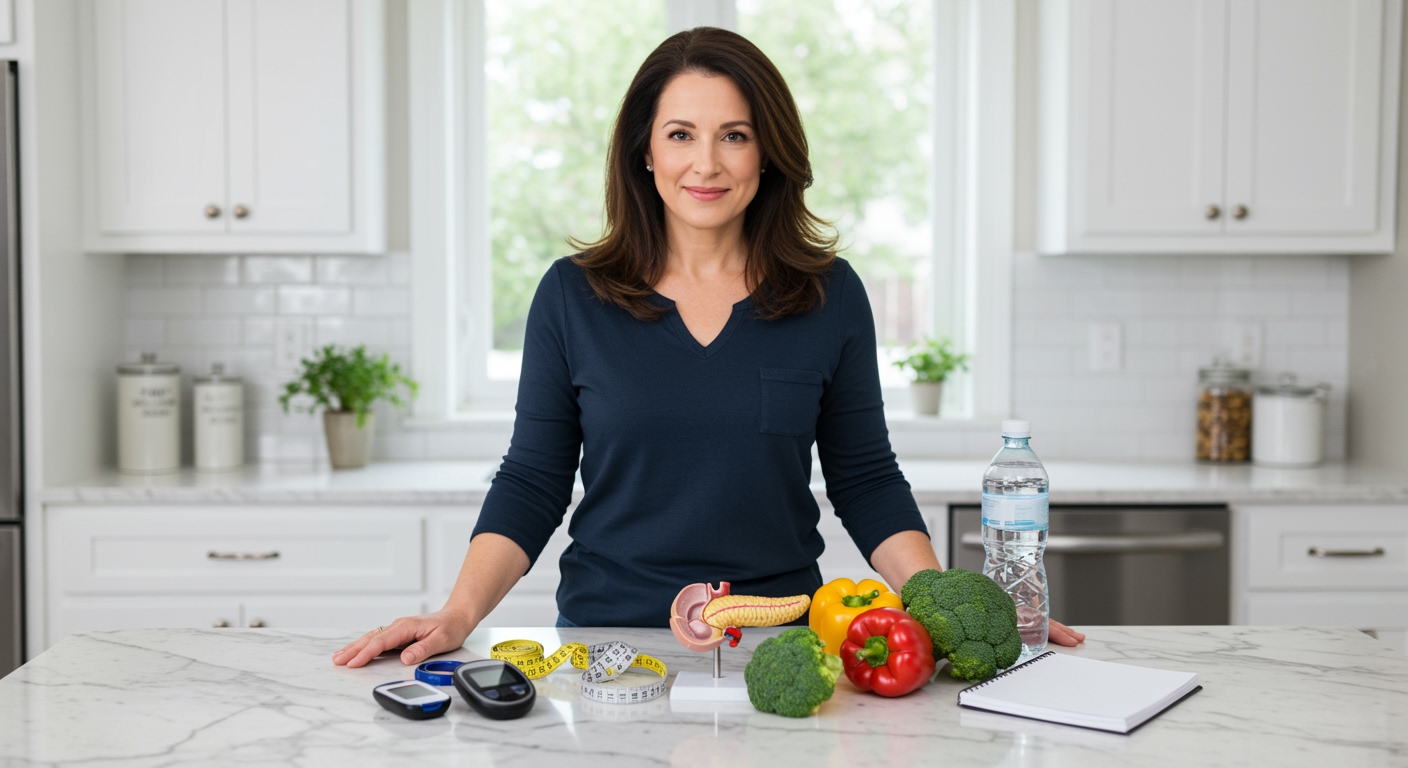Middle-aged woman standing behind marble counter with glucose meter, measuring tape, pancreas model, vegetables, and water bottle in modern kitchen.
