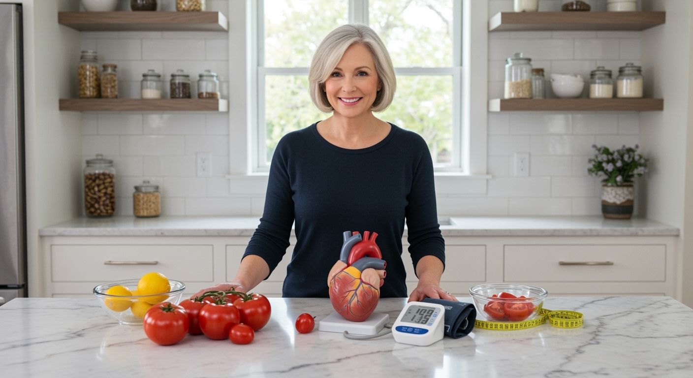 Woman holding fresh tomato on marble countertop with heart model, blood pressure monitor, and sliced tomatoes in modern kitchen.
