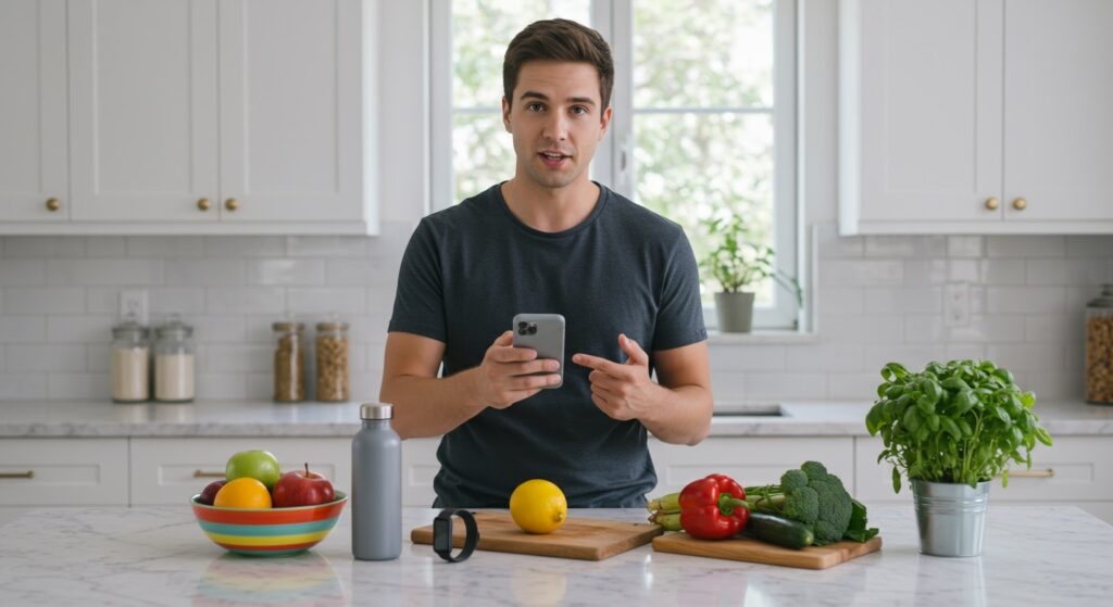 Young man in gray shirt holding smartphone while standing at marble counter with fruit bowl, water bottle, and fresh produce in bright kitchen