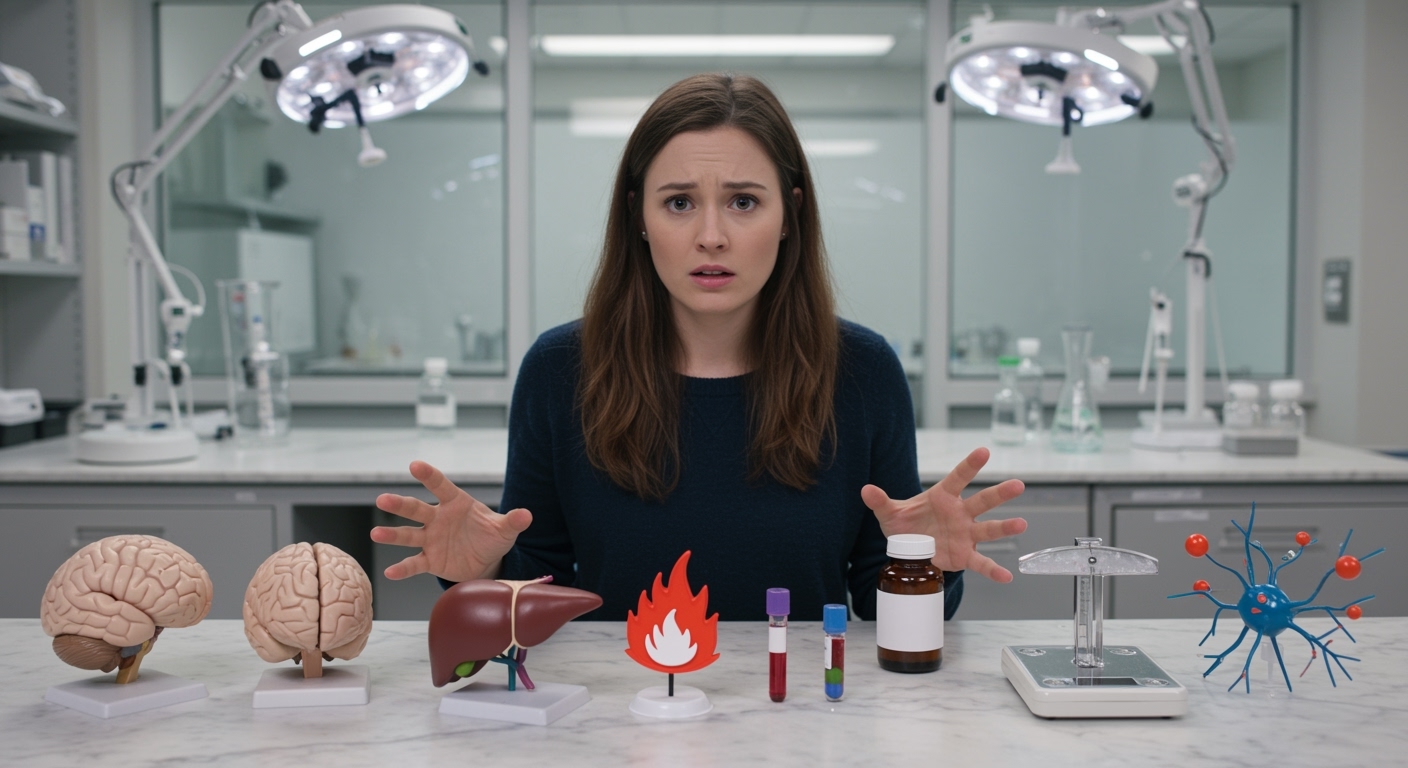 Young woman standing behind laboratory counter with brain model, liver model, inflammation symbol, supplements, and medical objects
