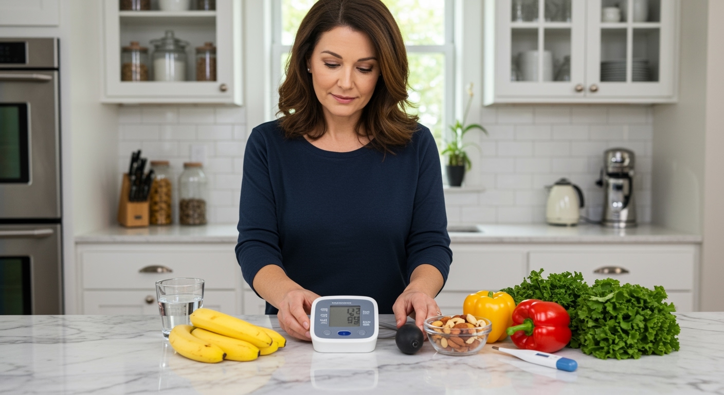 Woman standing behind marble counter looking at banana with blood pressure monitor, nuts, vegetables, and water visible nearby
