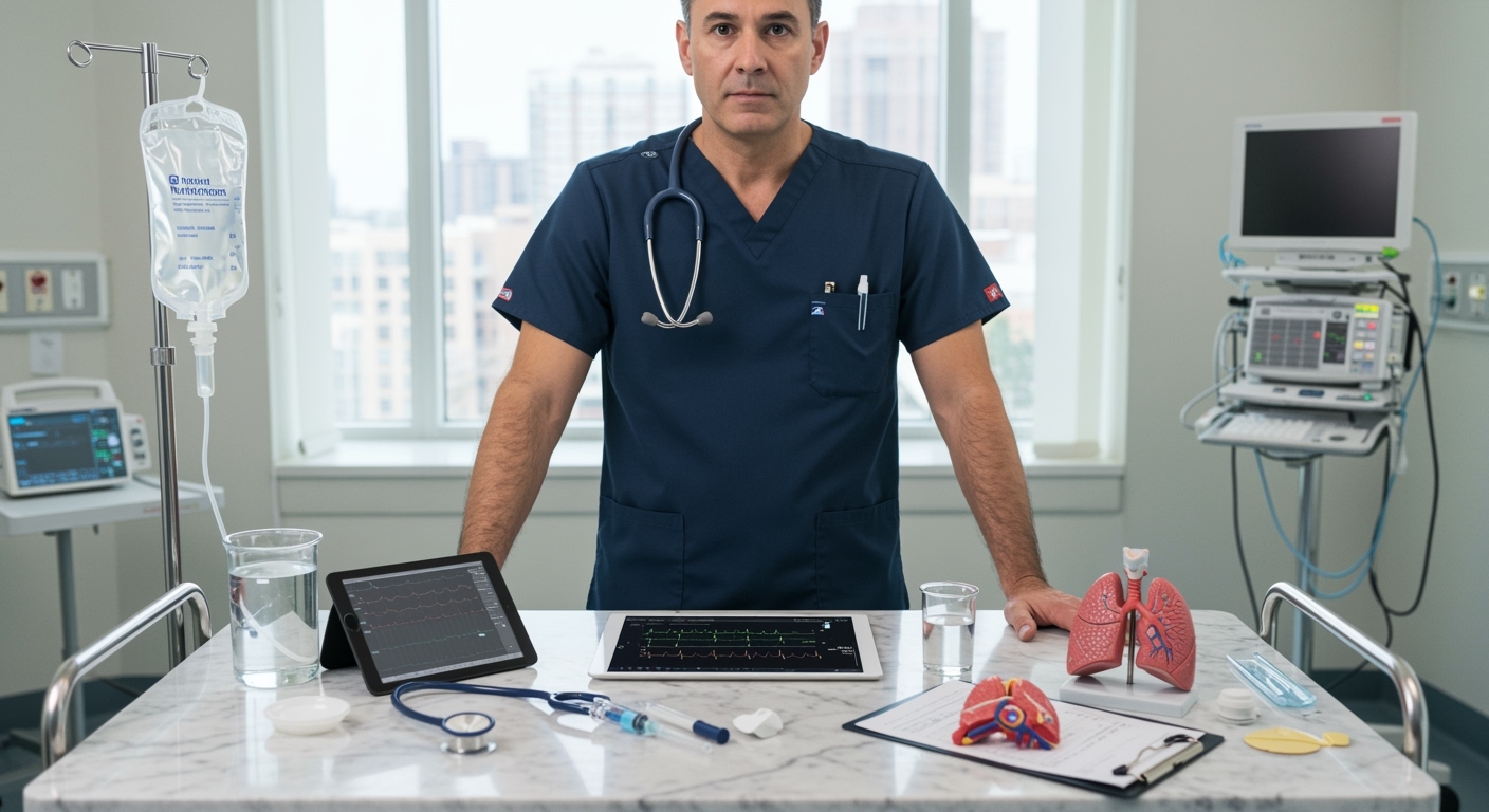 Male doctor in blue scrubs standing behind marble cart with IV nutrition bag, tablet, stethoscope, and medical equipment in bright ICU