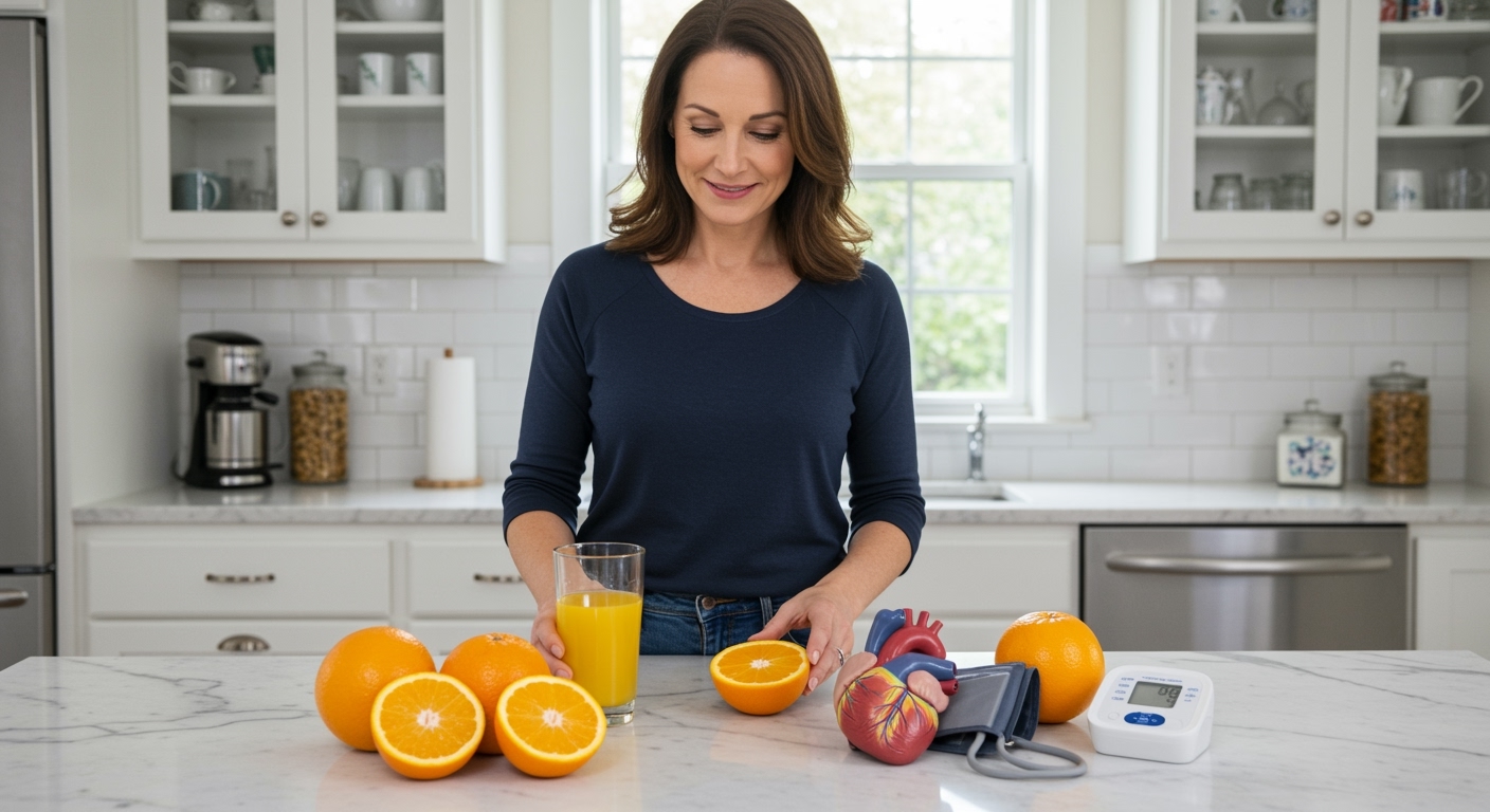 Woman holding orange half behind marble counter with orange juice glass, whole oranges, and heart model visible in bright kitchen