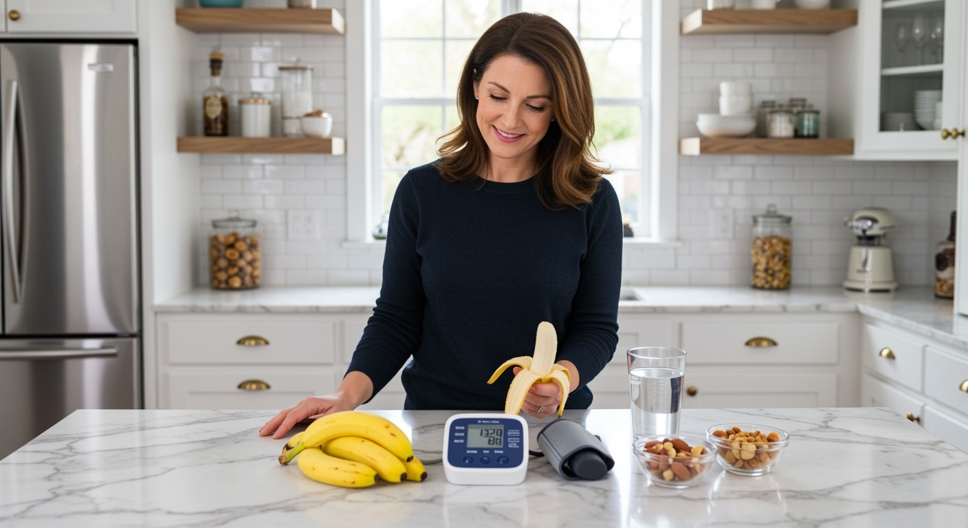 Middle-aged woman holding banana while standing behind marble countertop with blood pressure monitor and healthy foods visible.