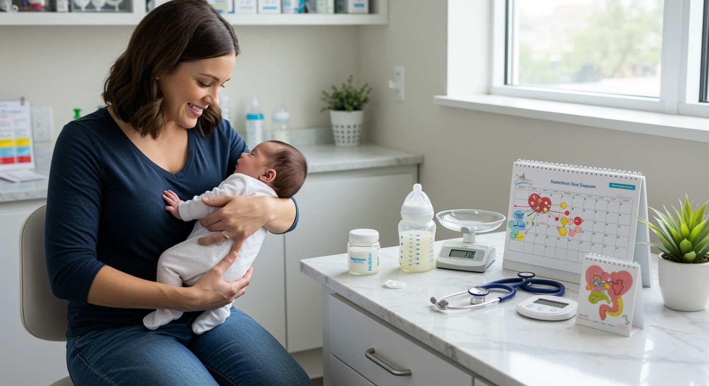 Young mother cradling infant in clinic room with baby bottle, probiotic jar, and medical items on white marble counter