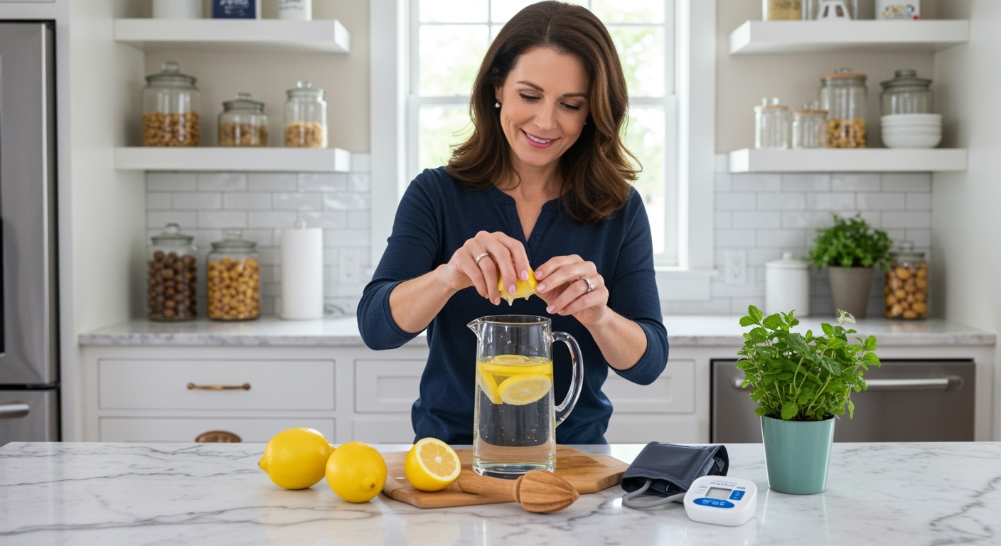 Woman squeezing fresh lemon into glass pitcher on white marble countertop with whole lemons and blood pressure monitor visible